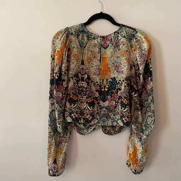 Maria Cher. Blue Purple Floral Abstract Blouse Rouched Cropped Silk size Large - Picture 7 of 12